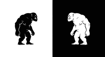 A stark black and white graphic illustration of two opposing, muscular ape-like monsters.