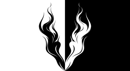 A stylized, mirrored flame design in black and white, creating a stark contrast on a vertically split background.