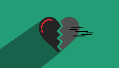 A minimalist broken heart icon with one half moving away, symbolizing heartbreak and separation.