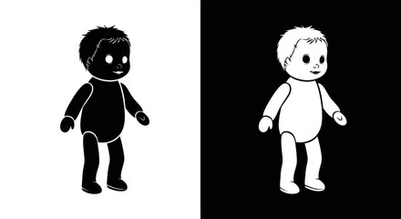 A split illustration of two baby dolls in stark contrast, one black on white and its negative image, white on black.