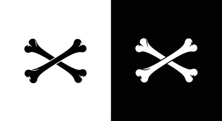 A graphic illustration of two crossed bones, shown as a black silhouette on a white background and its inverse, white on black.
