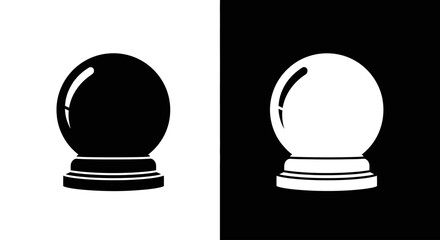 A split graphic showing a minimalist crystal ball icon in both black on white and white on black versions.