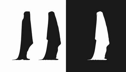 A stark, minimalist graphic depicting three silhouettes of a woman in a full-length burqa or chador.