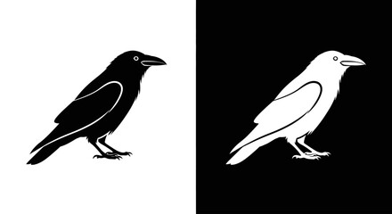 A graphic illustration of a black crow on a white background and a white crow on a black background.
