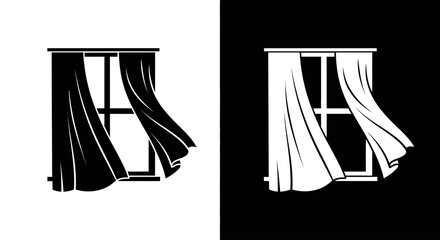 A black and white illustration of curtains blowing in the wind from an open window, shown in positive and negative space.