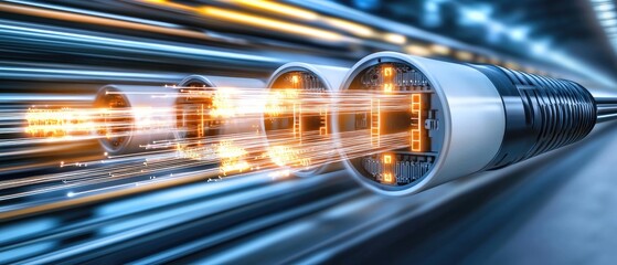 Fiber optic cables transmit data rapidly down a glowing path in a futuristic telecommunications setting