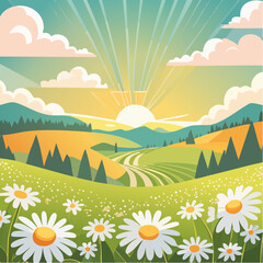 Obraz premium Late summer country landscape with daisies meadow and sunbeam