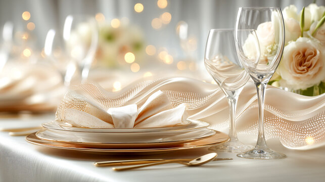 Elegant wedding reception table setting with gold rim plate crystal glass ivory napkin soft bokeh lights floating ribbon arcs romantic floral decor refined cutlery luxury linen warm glow