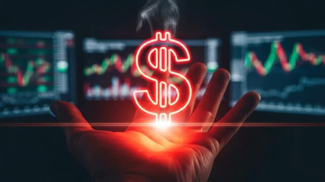 Hand holding glowing dollar sign amidst financial charts, showcasing dynamic investment potential, camera zooms in to emphasize the illuminated symbol of wealth and opportunity