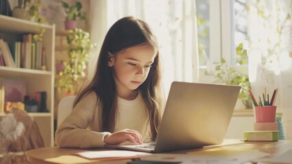 Cute schoolgirl studying online at home talking to teacher via video call. Caucasian schoolgirl sitting at desk and using computer doing homework. Online education, e-learning, distant education - Powered by Adobe