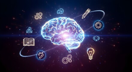 Glowing futuristic digital brain surrounded by icons representing knowledge innovation ideas and technology