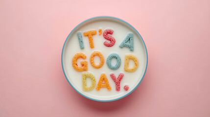 A cheerful flat lay photo shows a bowl of milk with colorful cereal pieces spelling  IT’S A GOOD DAY against a pastel pink background, creating a playful atmosphere.