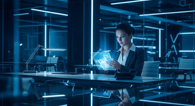 Young businesswoman in a futuristic office interacting with a glowing holographic interface displaying data and information