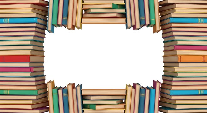 Framed by a colorful stack of vintage books creating a square opening for text and design elements