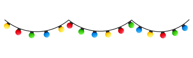 Vector image of Christmas lights. Festive decor and decoration made of colorful Christmas lights. Graphic element for your designs, Christmas cards, websites, banners, and posters.