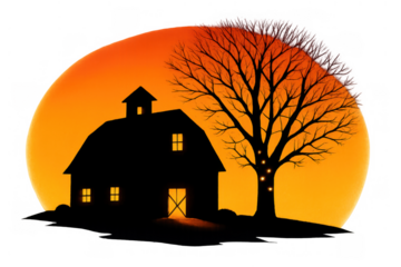 Barn silhouette and bare tree standing on a hill, glowing windows and door create a warm, inviting feel during an autumn evening