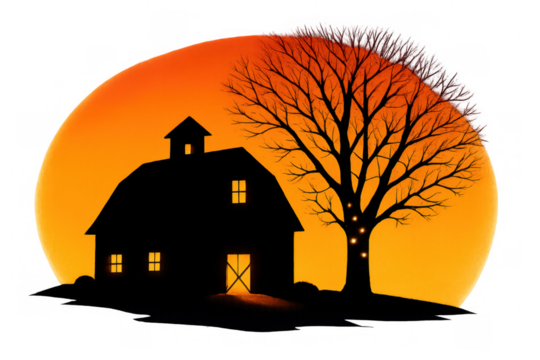 Barn silhouette and bare tree standing on a hill, glowing windows and door create a warm, inviting feel during an autumn evening - Powered by Adobe