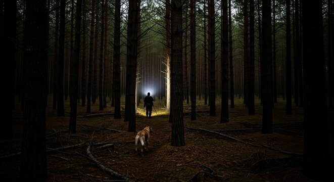 Man walking with dog in forest at night with flashlight illumination  