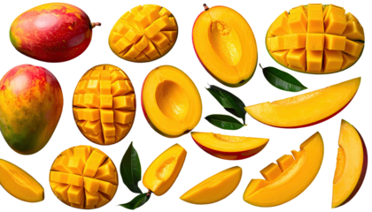 Arrangement of whole and cut mangoes with varying cuts and presentation on a Transparent background