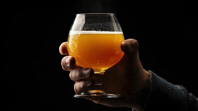 A hand grips a stem glass filled with a golden-orange beverage featuring a frothy white head set against a deep black background
