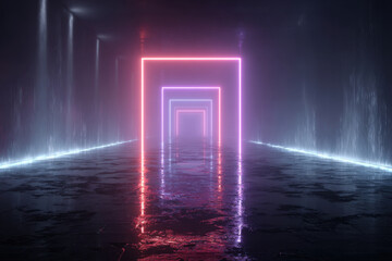A futuristic neon background with glowing electric pink and purple stripes of light on a dark background. Cyberpunk and high-tech aesthetic.