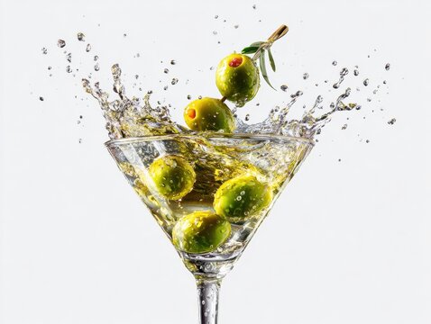 Green olives splashing in martini glass