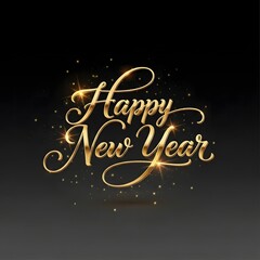 Happy New Year Golden Script Text on Dark Background with Sparkling Light Dust