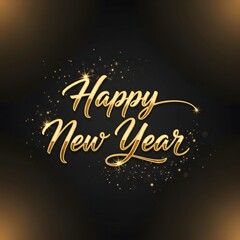 Happy New Year Golden Handwritten Text on Dark Background with Glitter Particles