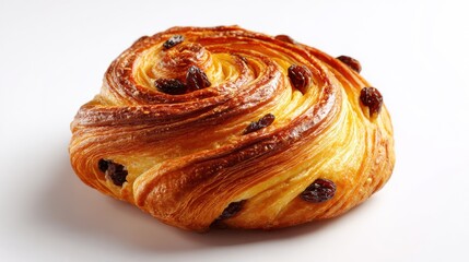 Golden flaky pain aux raisins pastry with spiral layers and dried fruit on white background, showcasing buttery French viennoiserie