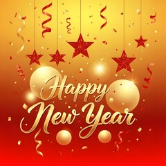 Vibrant Happy New Year Card with Gold Text Red Stars Ornaments and Confetti on Bright Orange Background
