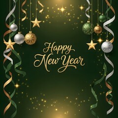 Elegant Happy New Year Greeting Card with Golden Script Sparkling Ornaments and Green Ribbon on Dark Background