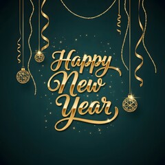 Elegant Happy New Year Gold Script Lettering with Sparkles Festive Decorations and Dark Teal Background