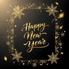 Happy New Year Gold Script Lettering with Snowflake Frame Confetti and Black Background