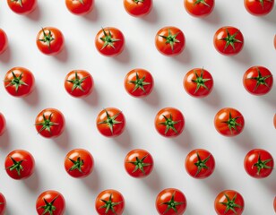 Red cherry tomatoes arranged in a neat pattern on a white background