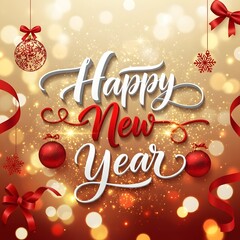 Happy New Year text with red festive ornaments and ribbons on a golden bokeh background
