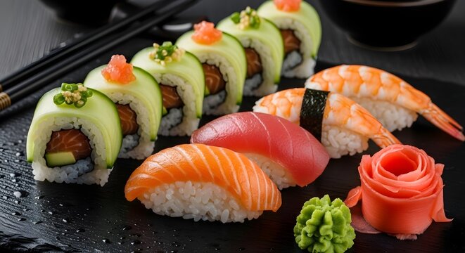 Assorted Sushi Platter with Salmon, Tuna, Shrimp Nigiri and Cucumber Rolls on Black Slate Plate, Japanese Cuisine