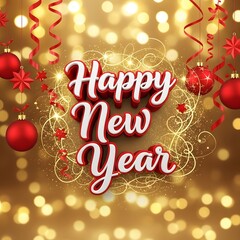 Happy New Year 3D text with red ornaments and ribbons on a gold bokeh background