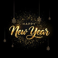 Elegant Happy New Year text with sparkling golden confetti and hanging snowflakes on black background