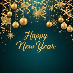 Happy New Year Golden Ornaments Teal Background Festive Greeting Card with Snowflakes and Ribbons