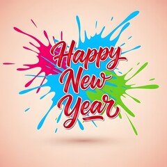 Happy New Year Red Calligraphy with Colorful Paint Splashes on Light Peach Background