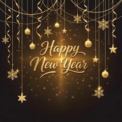 Happy New Year Golden Decorations Dark Background Festive Greeting Card with Baubles Stars Snowflakes Ribbons