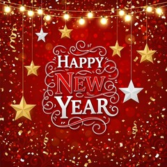 Happy New Year Celebration with Golden Confetti Red Background and Hanging Stars Festive Greeting Card Design