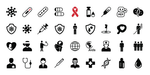 Medical and healthcare icons set. Including coronavirus particle pattern,  four pills, medical symbols, medical pills with plus signs, heart, syringe, a cross, female figure, medical mask,medical case