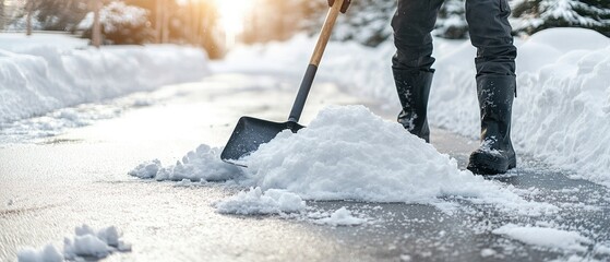 Fototapeta premium Man clears snow from pathway in winter morning sunlight while wearing boots and using a shovel to create a clear route through the snow