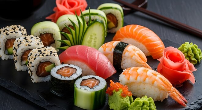 Assorted Sushi Platter: Fresh Nigiri, Maki Rolls, and Wasabi on Dark Background - Japanese Cuisine