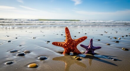 Two starfish on a sandy beach with gentle waves
