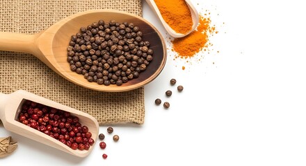 Wooden spoons filled with peppercorns and turmeric powder