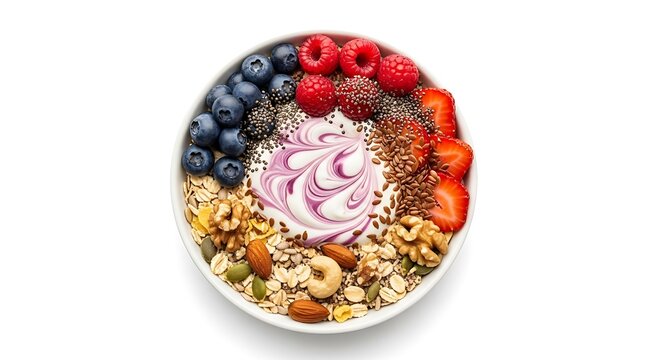 Vibrant oval bowl overflowing with fresh fruits granola and yogurt