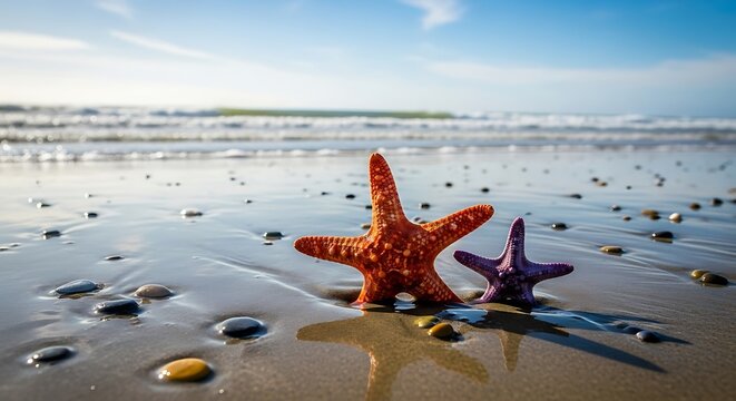 Two starfish on a sandy beach with gentle waves - Powered by Adobe