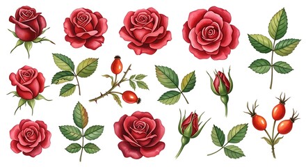 Fototapeta premium Vintage botanical illustrations of red roses and rose hips